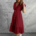 thumbnail image 2 of VKEKIEO Womens Summer Dresses Sun Dress V-Neck Short Sleeve Solid Red XL, 2 of 9
