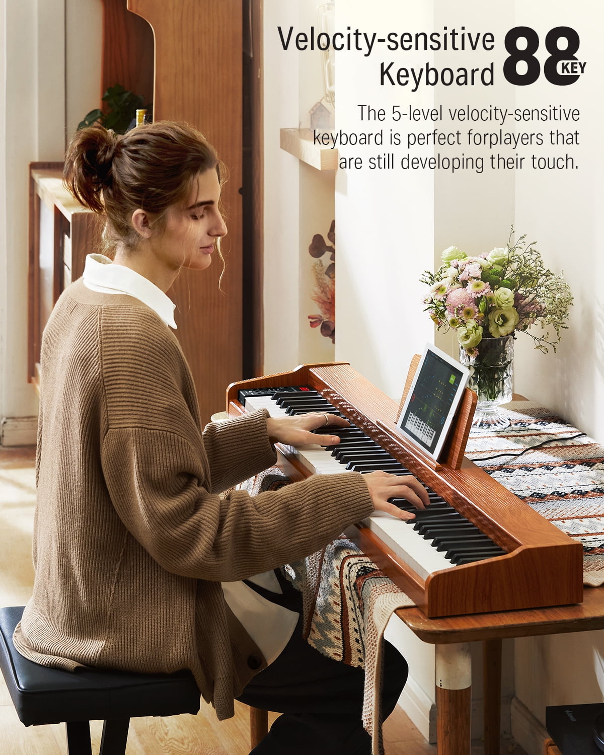 Donner DEP-1S Velocity-sensitive 88 Keyboard Digital Piano with stand, 128 tones, 100 Rhythms, 88 Demo, with Headphone, USB-MIDI, Sustain Pedal, Connect to Apps