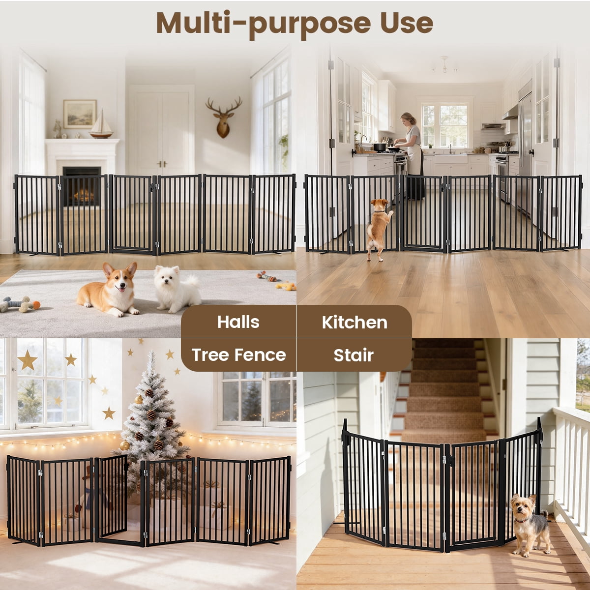 Dog Gate, Domipet 6 Panels Pet Gate Freestanding, 120''Extra Wide Dog Gate 32''Height Pet Playpen for Doorways, Black