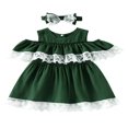 thumbnail image 1 of 2 Pcs Infant Floral Lace Outfits  Girls Cold Shoulder Contrast Color  Neck Dress + Bow Headband, 1 of 7