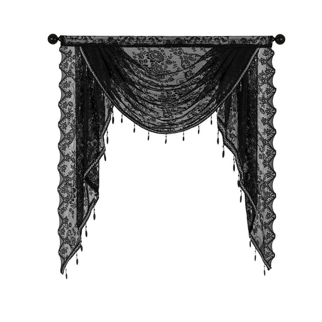 Black Beaded Lace Waterfall Valance Lightweight Breathable Easy Installation Luxurious Small Window Semi Sheer Swag Waterfall Valance