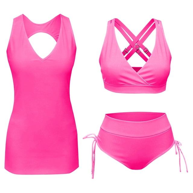 DGMIOCS Women's Tankini Set Full Coverage Top with Boy Short Bottom Hot Pink L