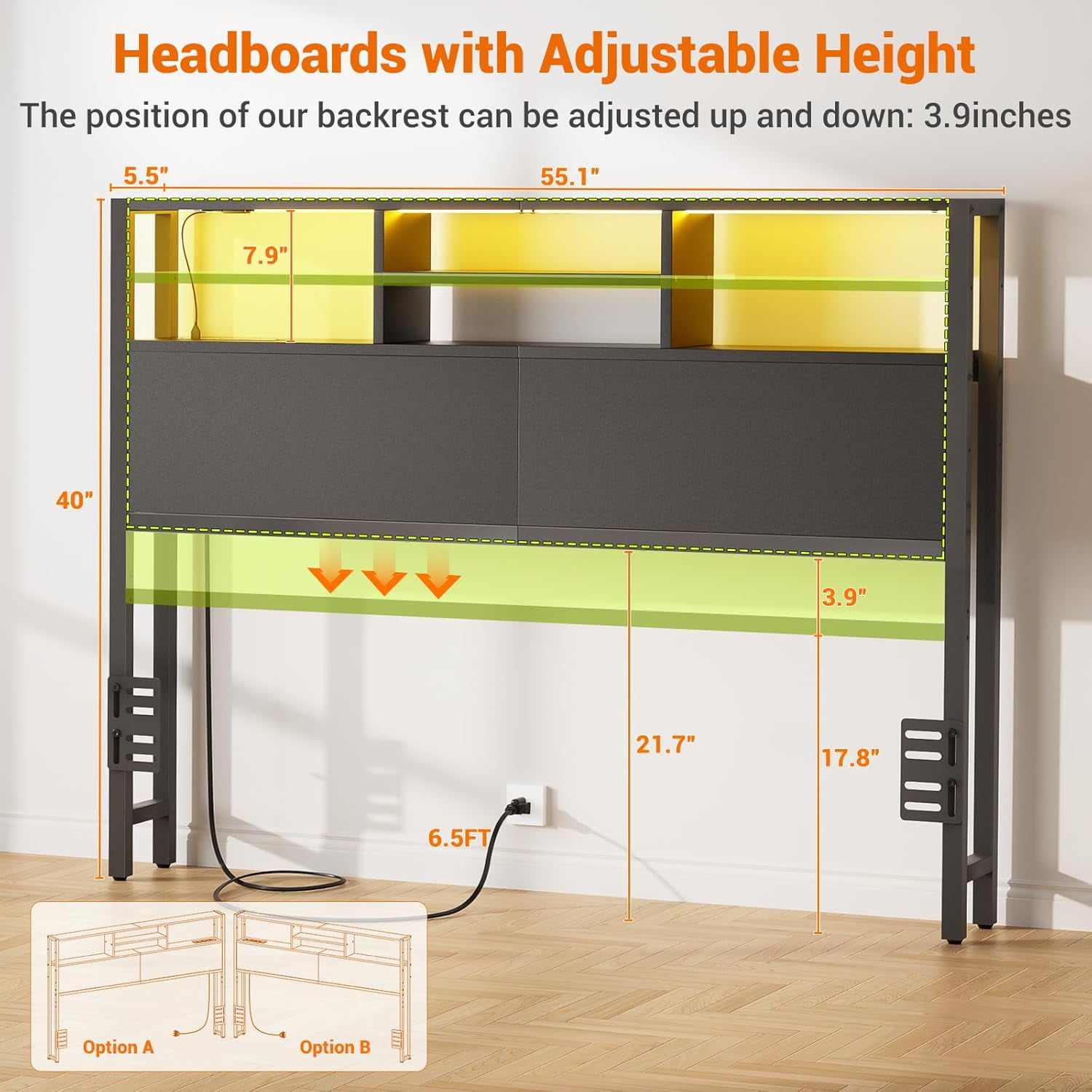 Homieasy Headboard for Full Size Bed with Storage, Headboards with Outlets, USB Ports and LED Light, King Size Head Board Only, Height Adjustable, Reversible, Sturdy and Stable Headboard, Black