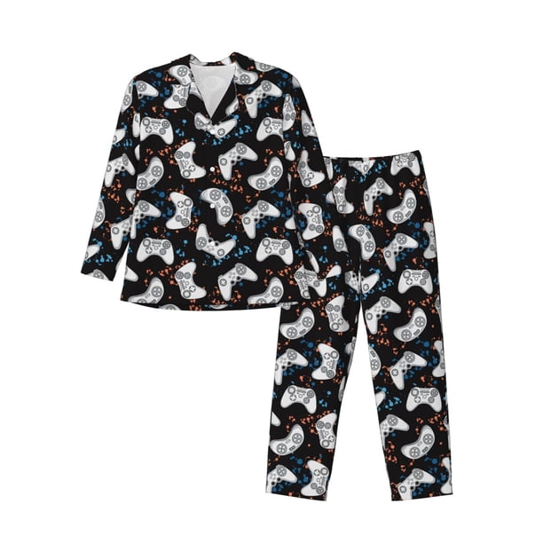 Balery Cool Gamepad Pijama para Hombre de Dos Piezas con Manga Larga, Conjunto de Dormir y Descanso Suave con Bolsillos-XX-Large