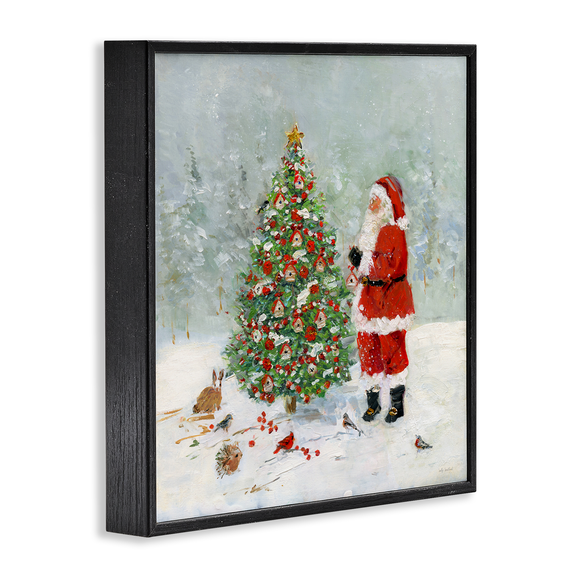 Stupell Industries Santa with Birdhouse Tree Holiday Painting Black Framed Art Prints Wall Art, 17 x 17