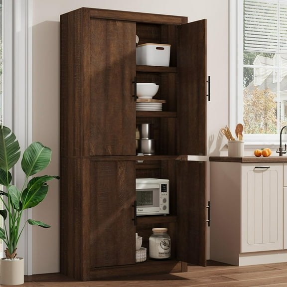 Ataucjin 70inch Kitchen Pantry, Wood Pantry Storage Cabinet with 4 Doors & Adjustable Shelves, Farmhouse Freestanding Pantry Cupboard & Large Storage Space for Dining & Living Room
