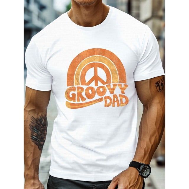 Camiseta Groovy Dad para hombre con símbolo de la paz arcoíris, cuello redondo informal, manga corta, tejido de punto de poliéster, ligeramente elástica, estampado geométrico, corte regular, ligera, p