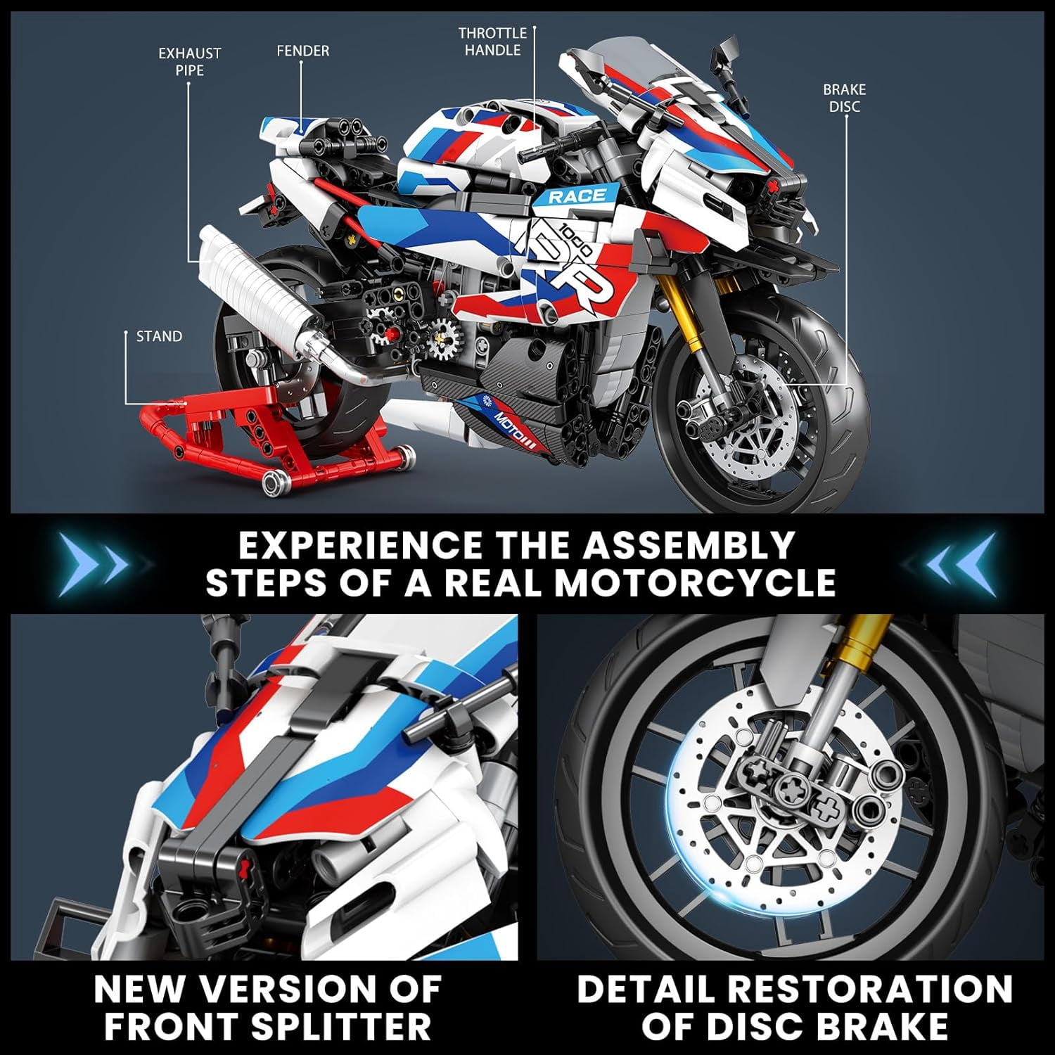 Motorcycle 1000 RR Technic Building Set for Adults, 1:8 Scale Model Kit, 949 PCS Collectible Motorcycle Display Model with Stand, Motorbike