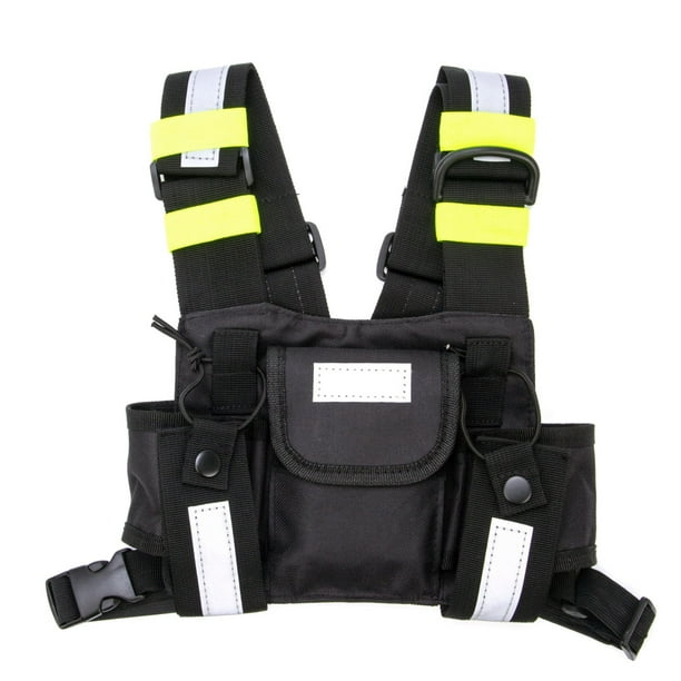 Walkie Talkie Black Double Chest Bag with Green Reflective Strip Walkie ...