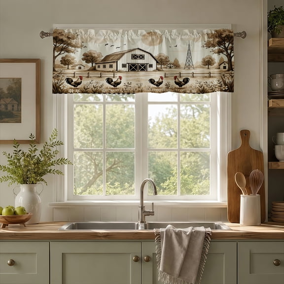 Rdsfhsp Farmhouse Window Valance Curtain, Rustic Barn Chicken Pattern Decorative Rod Pocket Short Curtain for Kitchen Living Room Home Decor