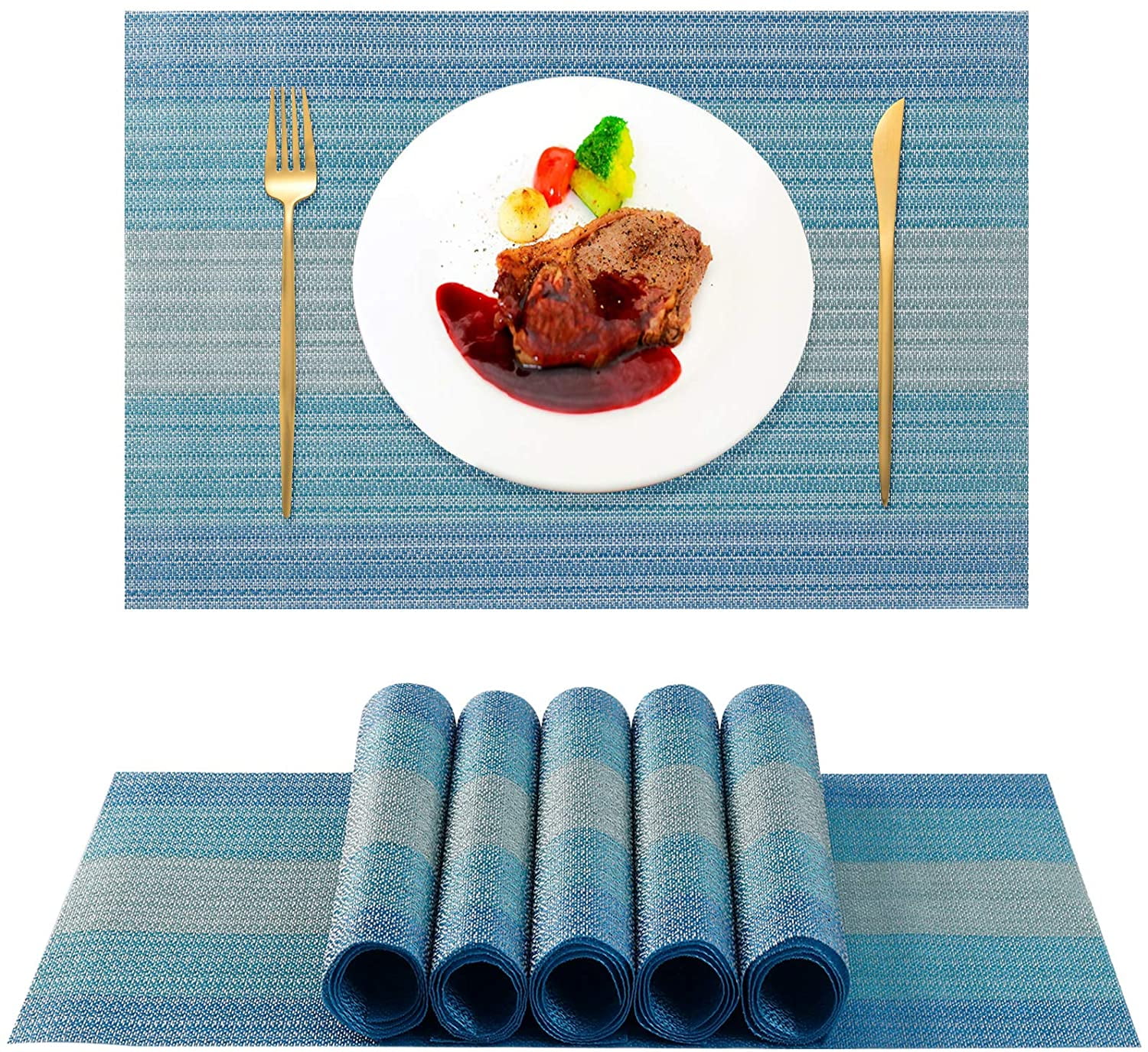 Placemats PVC Set of 6 Heat Resistant Washable DiningTable Mat Woven Blue Stripe