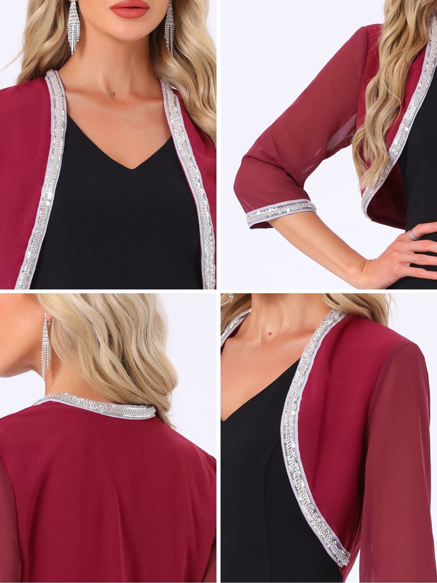 DARING DIVA Women's Sequin Beaded Open Front Evening Shrug L Burgundy