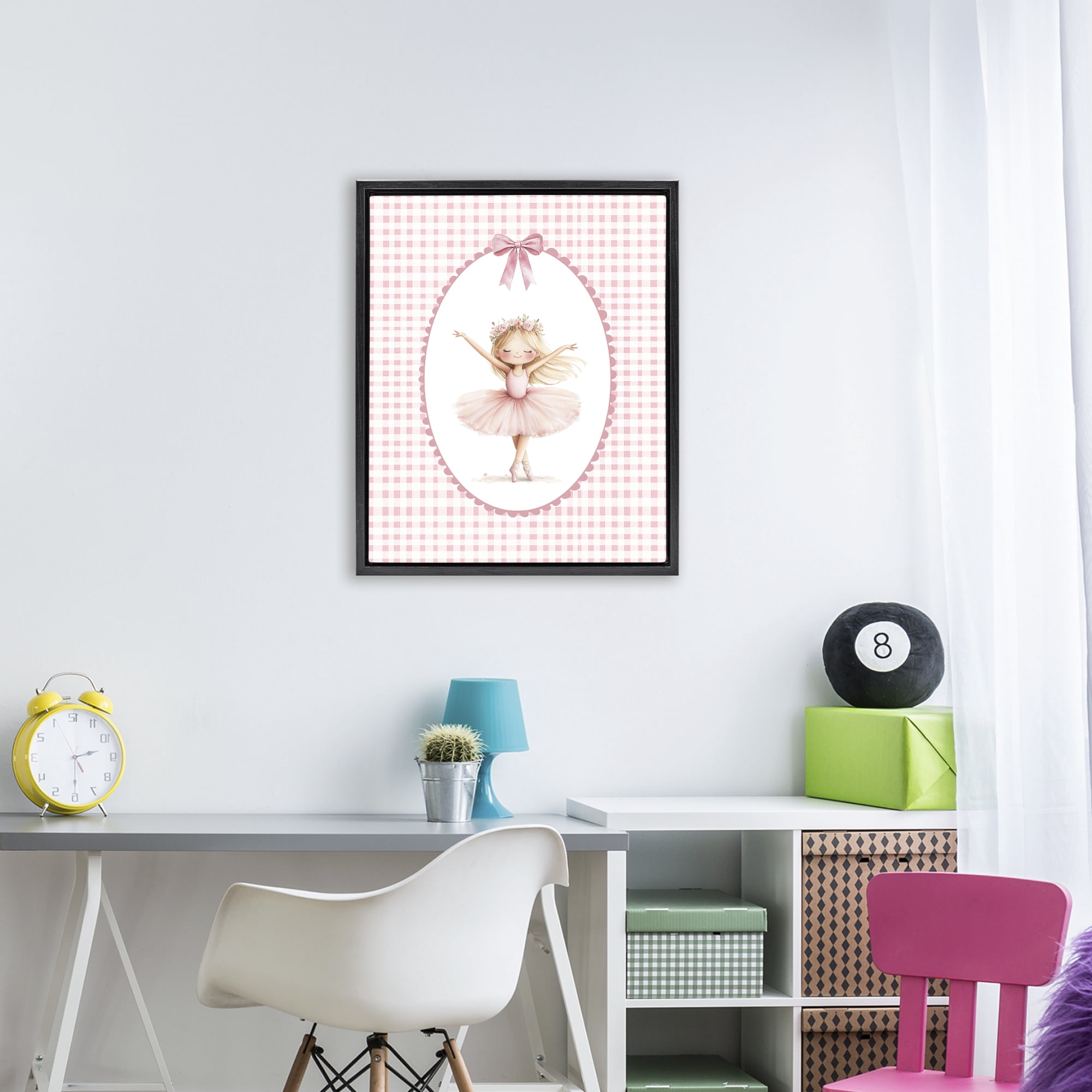 Ballerina on Pink Checkered Black Framed Floater Canvas Wall Art, design by Christine Simpson Art