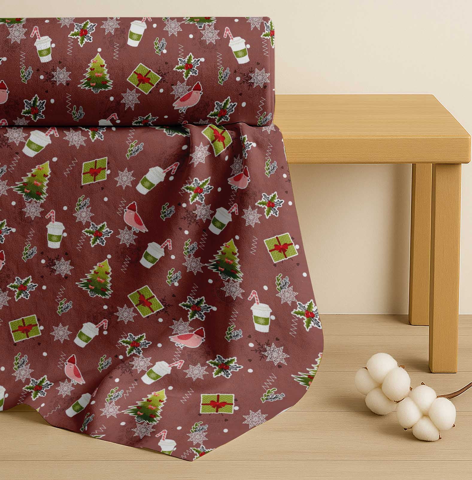 Soimoi Brown Cotton Voile Fabric Coffee Cup,Gift Box & Tree Christmas Print Fabric by the Yard 56 Inch Wide