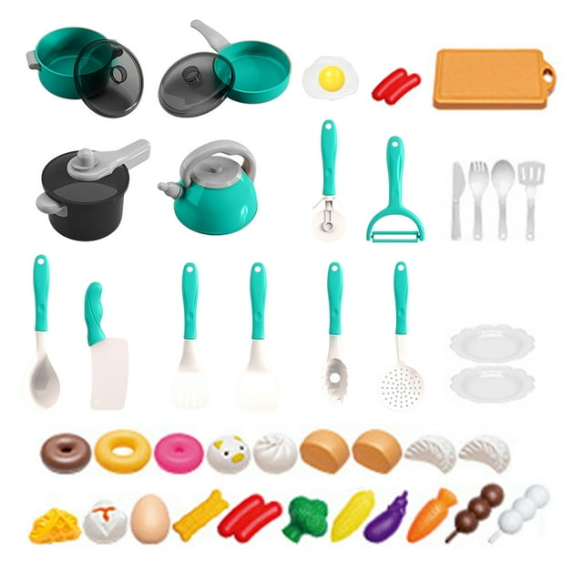 HHBEAUTY 44Pcs Kitchen Playset, Toddler Pretend Cooking Play Pots, Play Food Set, Pans, Utensils Cookware, Daily Food Fruit Veges, Dessert, Learning Gift for Child (Green)