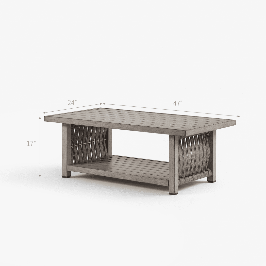 Outdoor Patio Coffee Table with 2-Tier Storage, Aluminum Frame & All-Weather Rope Weave Top, Rust-Resistant, Modern Style for Garden, Balcony & Poolside