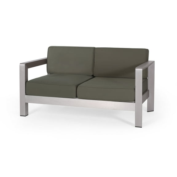 GDF Studio Alec Outdoor Aluminum Loveseat with Cushions, Silver, Khaki