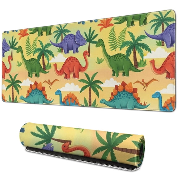 Long Mouse Pads for Desk,Colorful Dinosaurs Palm Trees Pattern Desk Mats on Top Of Desks, Desk Mouse Pad Extra Large with 3mm Non-Slip Base and Stitched Edge for Gaming,Office,Work,Home 31.5"x11.8"