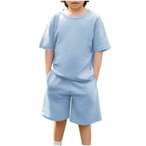 Efsteb Boys Summer Outfits 2 Piece Casual Set Short Sleeve Tshirt Elastic Waist Shorts Kid Clothing Sets Sweatsuit (Light Blue,5-6 Years)