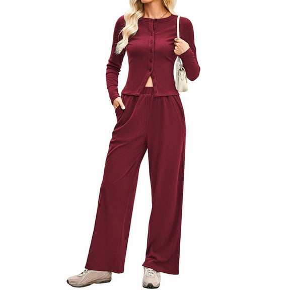 Women 2 Piece Foldover Yoga Flare Pants Long Sleeve Knit Tops Casual Outfits Matching Tracksuit Set Wine Red XL