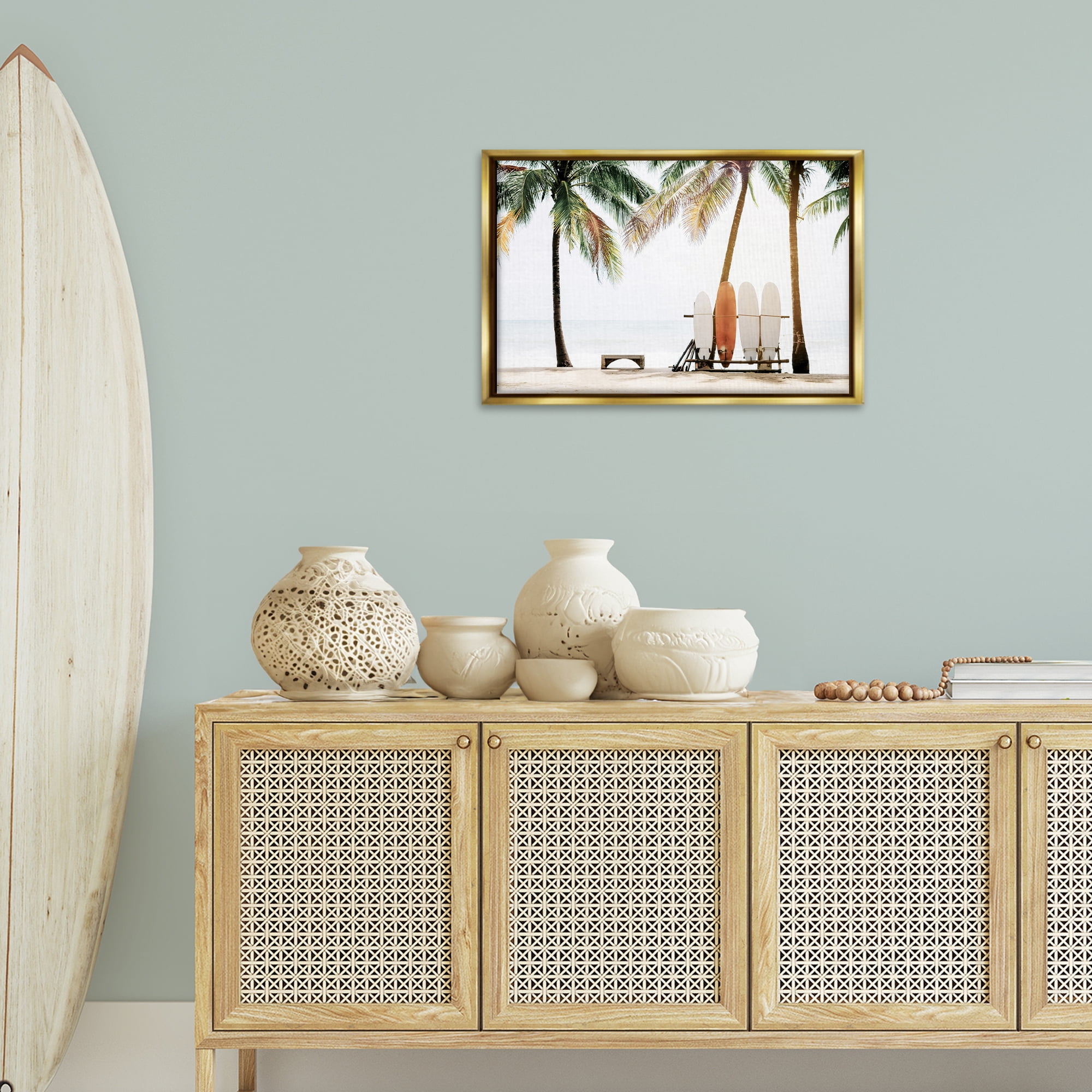 Stupell Industries Hawaii Surfing View Nautical & Beach Photography Gold Floater Framed Canvas Art Print Wall Art, 25 x 17