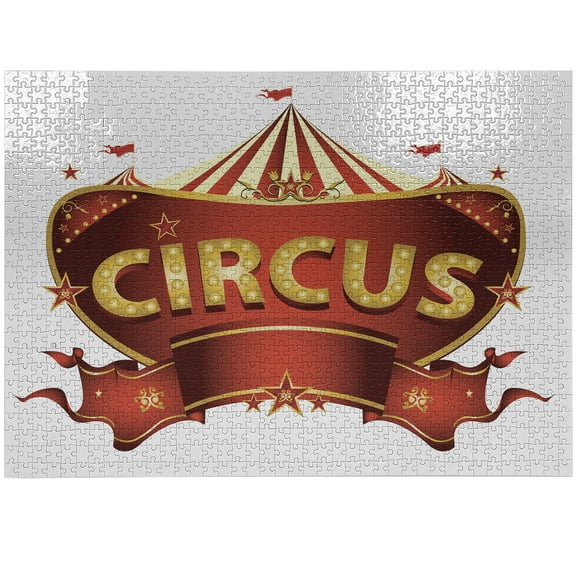 Ambesonne Circus Jigsaw Puzzle Durable Cardboard, Carnival Sign Nightlife, 1000 pcs, Yellow White Red