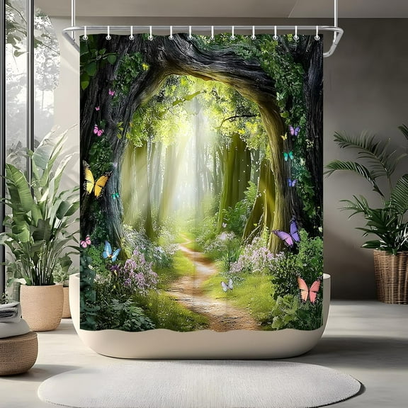 Forest Shower Curtain Enchanted Green Tree Floral Butterfly Jungle Natural Scenery Landscape Bathroom Decor Curtain with Hooks-60"W x 72"L (Pack of 1)