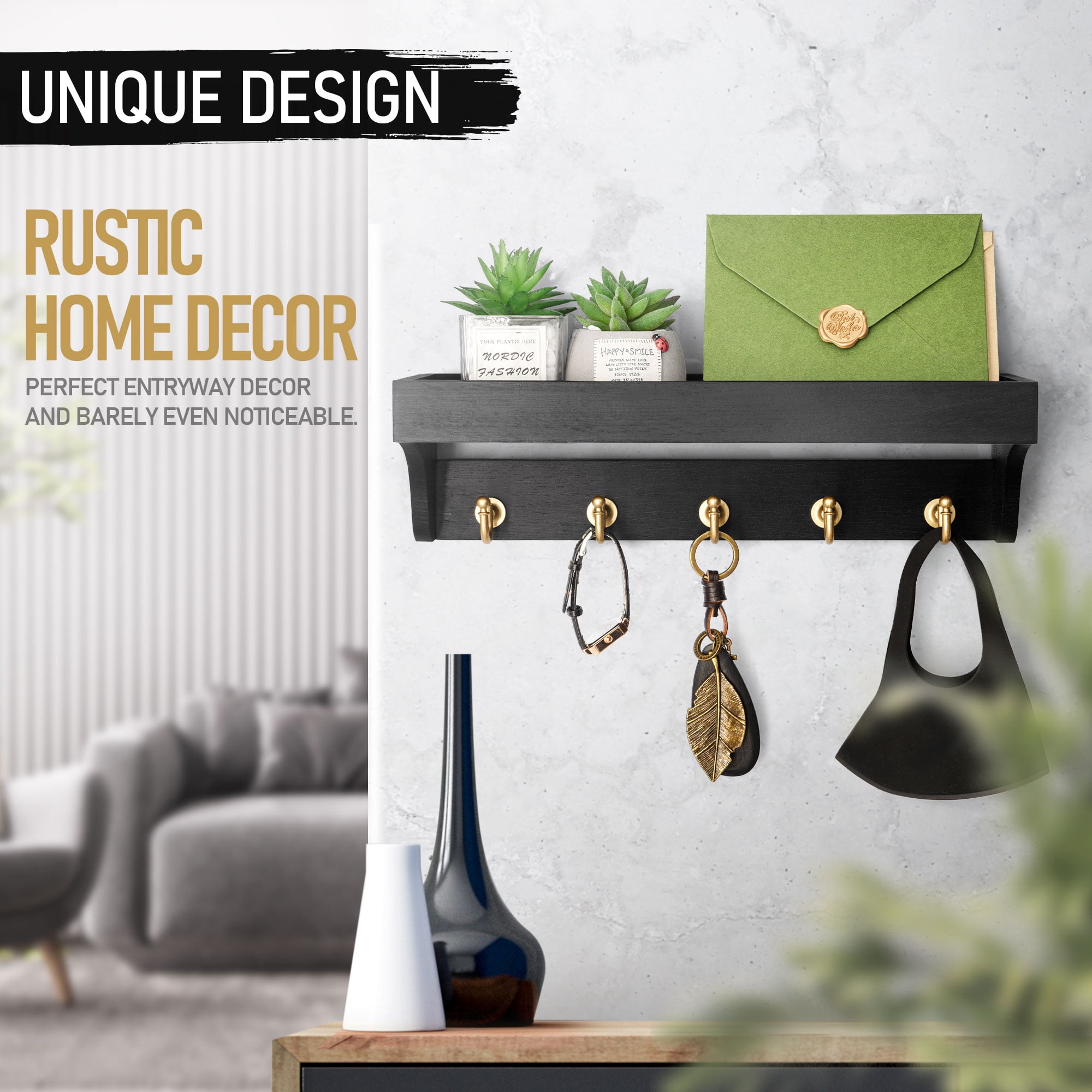 Rebee Vision Decorative Key Holder Wall Mount with Shelf - Modern Hanging Mail Organizer with 5 Hooks (Black)