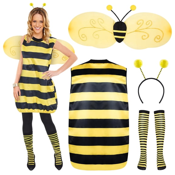 Cute Bee Costume for Women – Full Set includes Striped Dress, Wings, Antennae Headband & Knee-High Socks, Perfect for Halloween, Parties & Photos Yellow 110