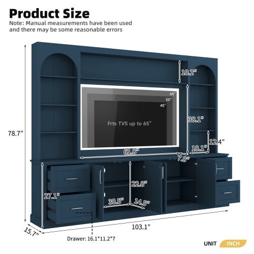 Modern Arched Farmhouse TV Stand for TVs up to 65 Inches, Entertainment Center with Drawers, Cable Holes and Adjustable Shelves, Blue