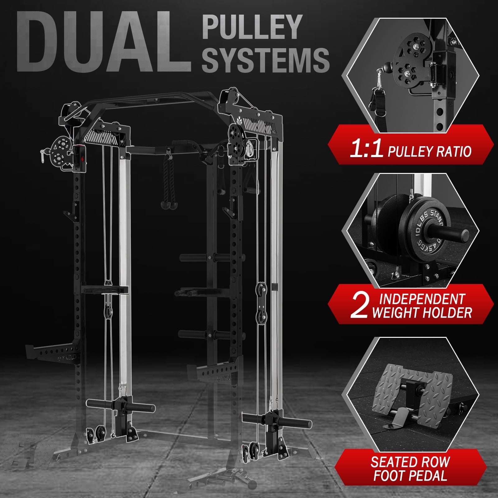 Mikolo Power Cage, Squat Rack With Dual Pulley Cable Crossover System, Multifunction Free Weight Home Gym Workout Machine With Attachments Set(B230B)
