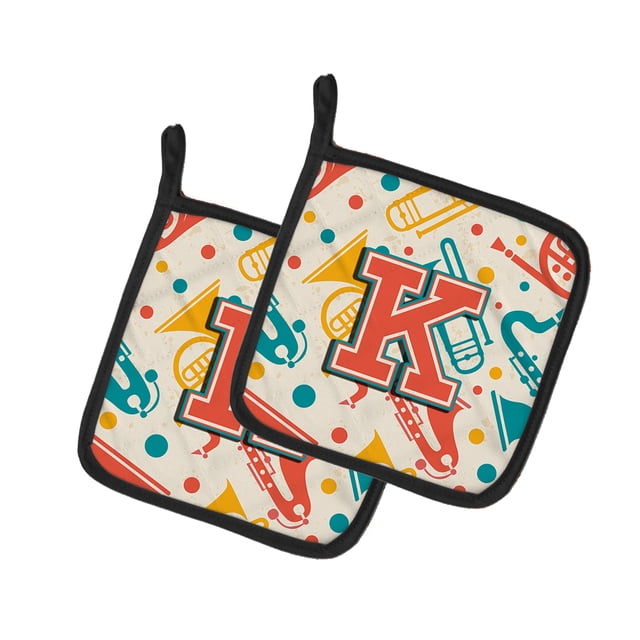 Carolines Treasures CJ2001-KPTHD Letter K Rétro Teal Orange Instruments de Musique Initiale Paire de Porte-Pot, 7,5 x 3 x 7,5 Po.