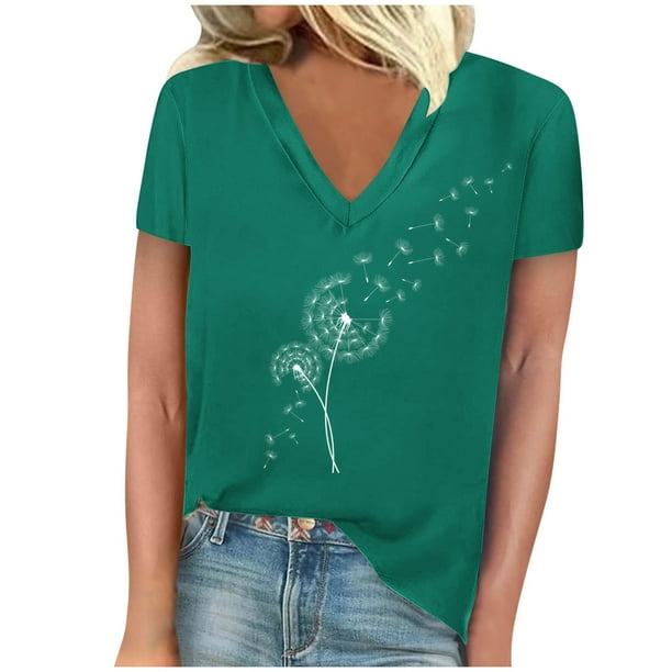 Camisetas de Manga Corta para las Mujeres, Impresión de Cuello en V Camiseta Casual Top Hecho de 95% Poliéster 5% Spandex para el Uso Diario de Primavera Verano, Camisetas para las Mujeres Casual