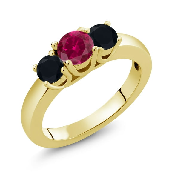 Gem Stone King 1.04 Ct Round Red Created Ruby Black Onyx 18K Yellow Gold Plated Silver Ring (Size 8)