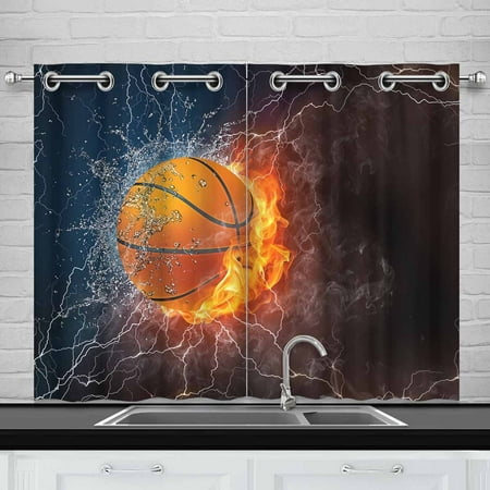 MKHERT Basketball Ball on Fire and Water Window Curtain Kitchen Curtains Window Treatments 26x39 inch,Set of