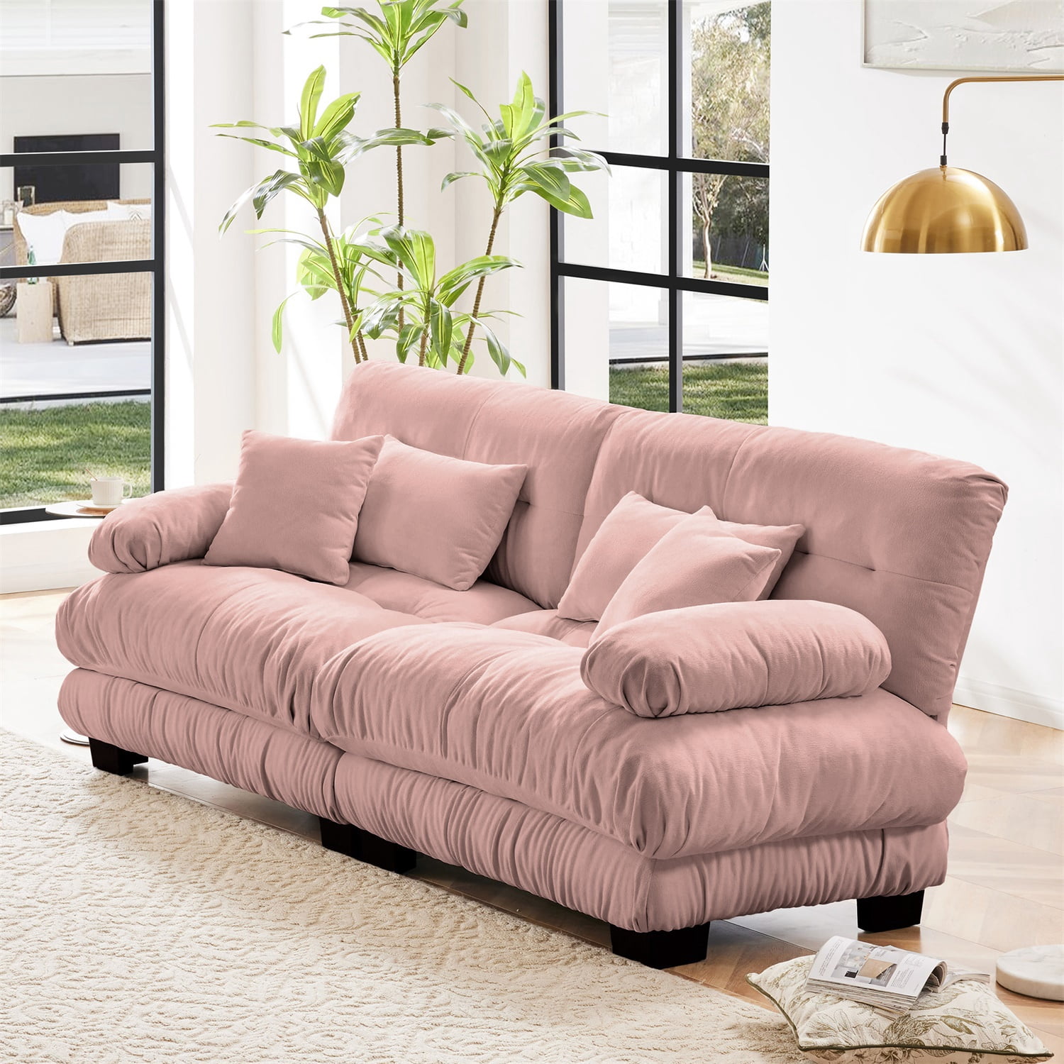 Hommoo Chenille Fabric Cloud Couch Loveseat with 2 Lumbar Pillows and 2 Throw Pillows, 2 Seater Sectional Sofa Couches for Living Room Apartment, Pink