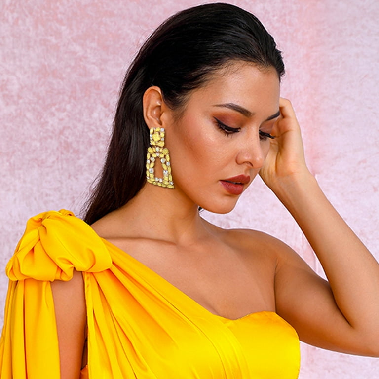 Wedure Rectangle Dangle Earrings for Women Girls Sparkle Rhinestone Crystal Geometric Statement Earrings Yellow