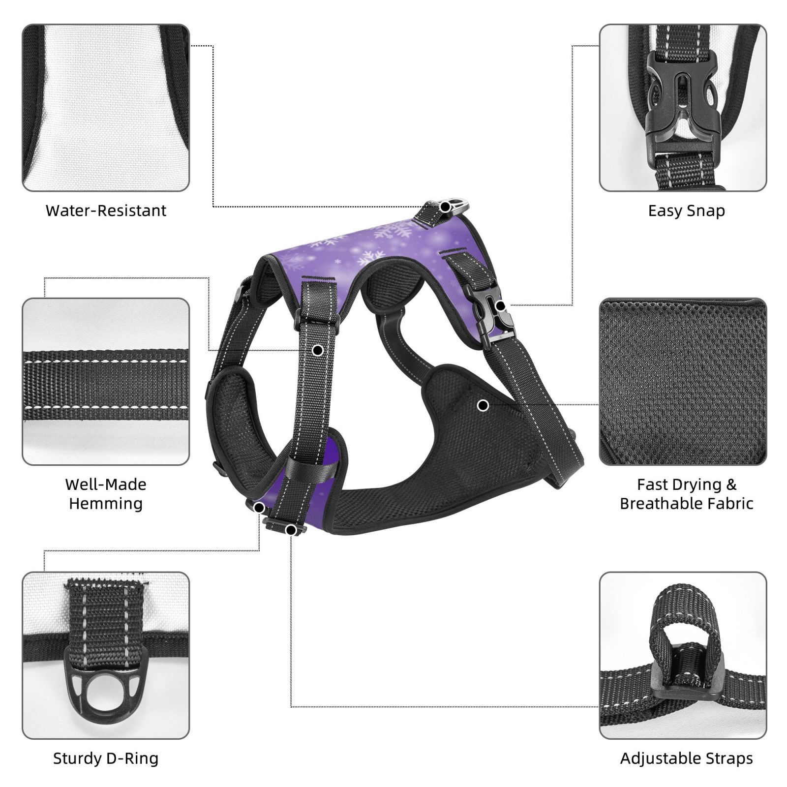 Fuzoiu Snowfall Sky White Purple Print Reflective Dog Harness,Adjustable, Breathable Pet Vest,Dog Harness No Pull,No Choke Pet Vest for Small, Medium, and Large Dogs-Medium