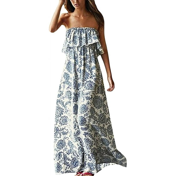 Vestidos de verano para mujer Vestido largo bohemio sin tirantes de porcelana azul y blanca