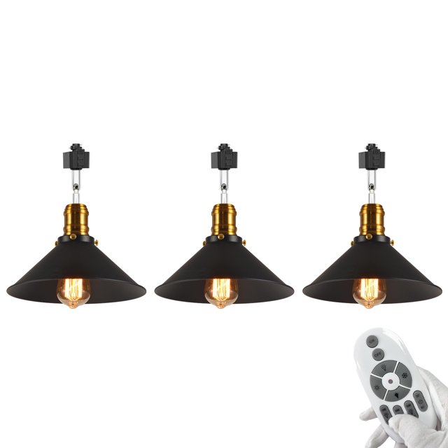 FSLiving Adjustable Angle H-Type Track Pendangt Light,E26 Base with Black Metal Shade,Remote Control Dimmable Color Changing Timing Lamp for Home Kitchen Farmhouse,Customizable - 3 Lights