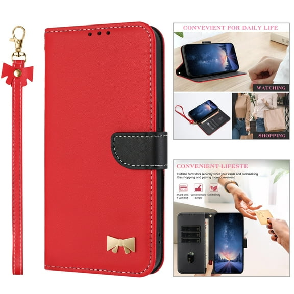 ELEHOLD Case for iPhone 16 Plus, Fashionable Leather Wallet Case with Card Slots & Kickstand,Detachable Shoulder Strap & Wrist Strap,Red