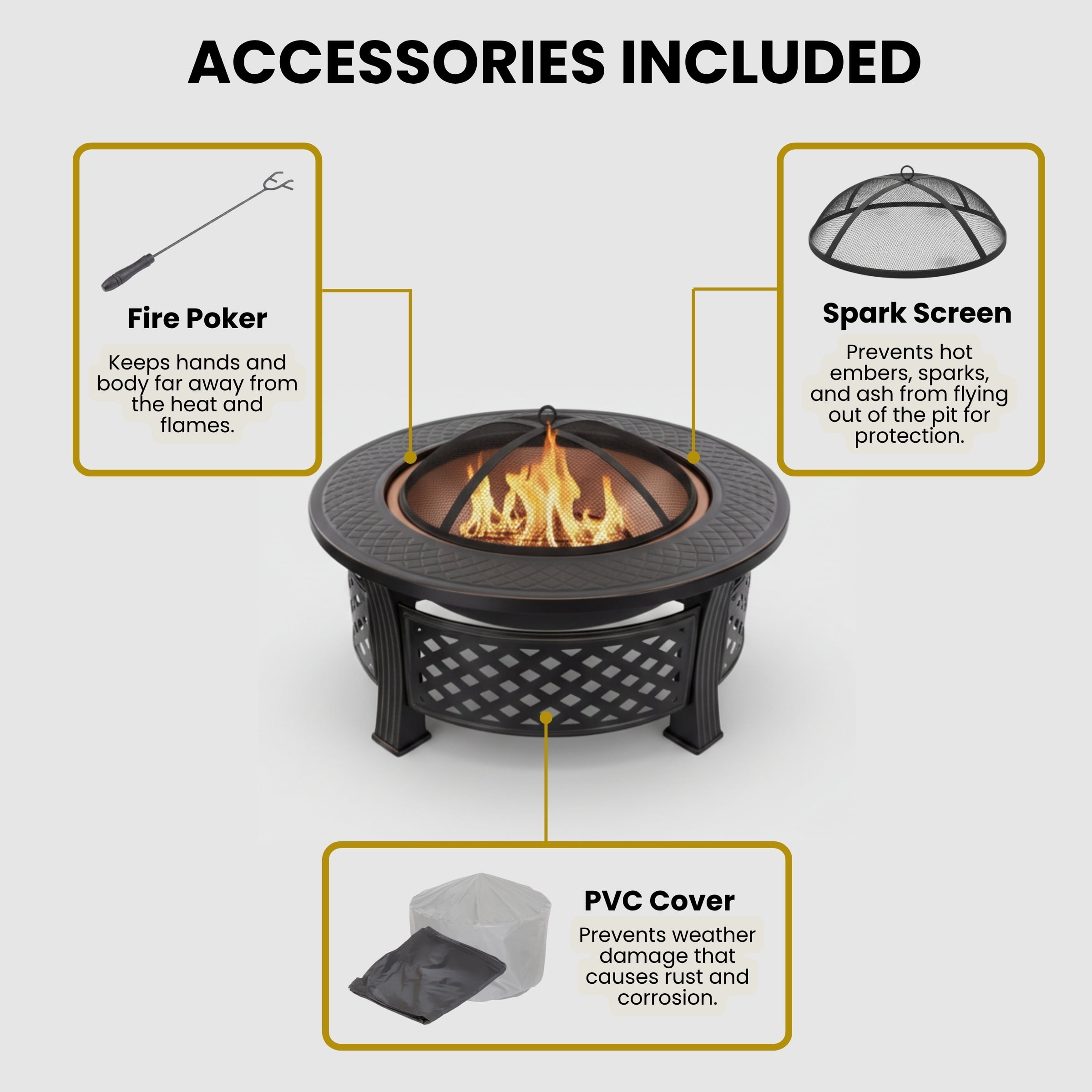 Pure Garden Outdoor Fire Pit – 32” Round Wood Burning Pit with Spark Screen, Poker & Cover, Bronze