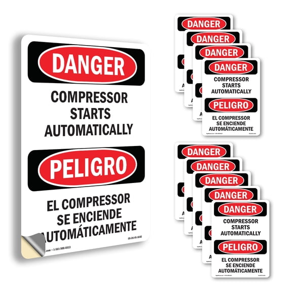 Compressor Starts Automatically Bilingual OSHA Danger Vinyl Decal Label 18 Inch x 12 Inch - 10 Pack