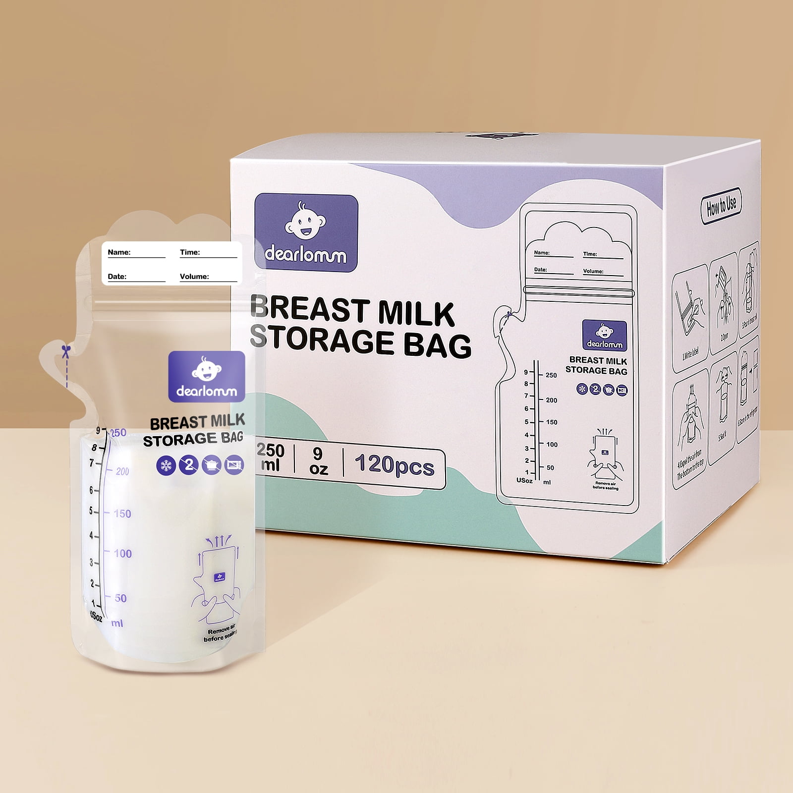 Dearlomum BPA-Free Breastmilk Storage Bags - 120 Pcs, 9 Ounce, Self-Standing with Pour Spout, Space-Saving Flat Profile, Ideal for Convenient Breastfeeding and Milk Storage, Refrigeration & Freezing