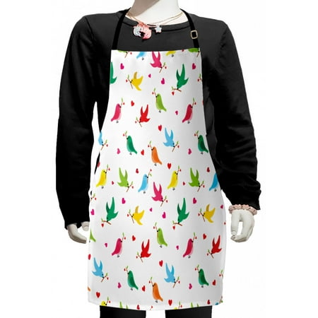 

Birds Kids Apron Pattern with Flying Birds Carrying Heart Branches Love Valentines Day Inspired Print Boys Girls Apron Bib with Adjustable Ties for Cooking Baking Painting Multicolor by Ambesonne