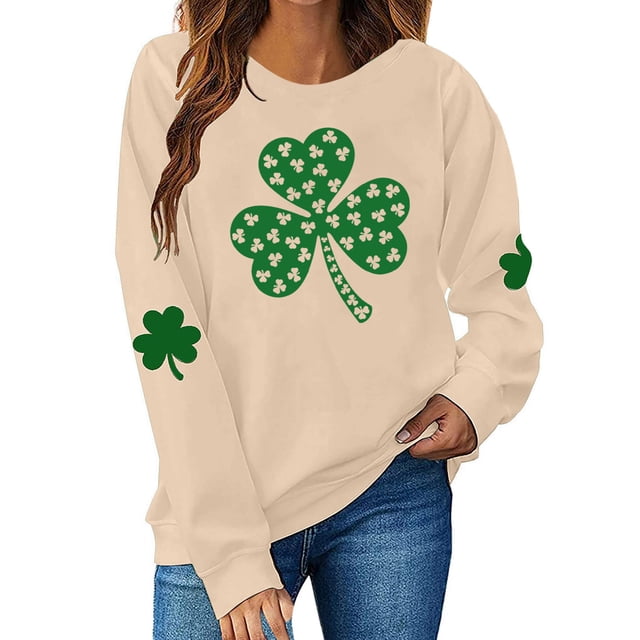ZVAVZ T-Shirt de la Saint-Patrick pour Femmes, Manches 3/4, Trèfle Vert, Blouses Graphiques, Mode, Col Rond Vert, Patchwork Printanier, Décontracté, Beige, m