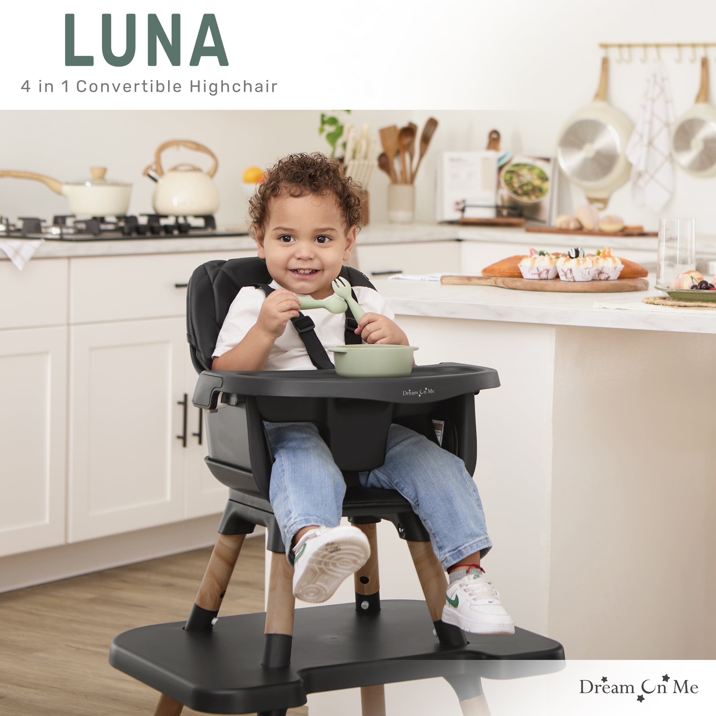 Dream On Me Luna 4 in 1 convertible Highchair, Black