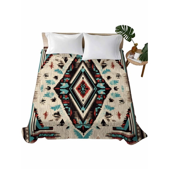 Twin Flat Sheet 66"x96", Boho Red Teal Brown Soft Lightweight Bedding Flat Sheets Only, Southwestern Retro Geometric Brushed Microfiber Top Bed Sheet, Breathable StainResistant Bedsheets