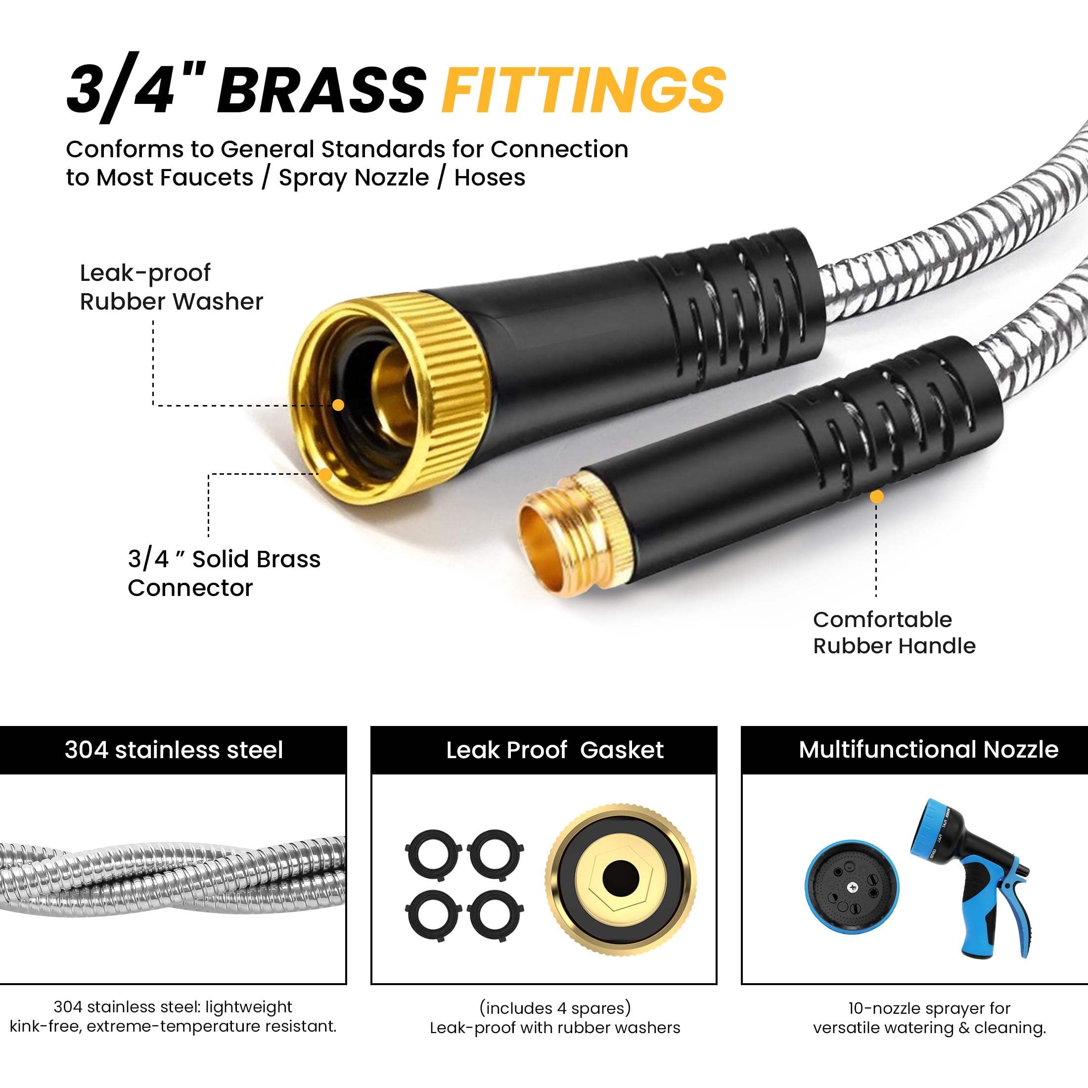 SAIDESI Garden Hose 100 ft, Stainless Steel Water Hose with 10 Function Nozzle Flexible, Heavy Duty, Lightweight, No-Kink, Pet Proof, Puncture Proof Hose Metal for Yard,Outdoor