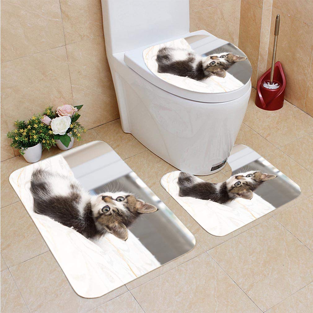 CHAPLLE Baby cat 3 Piece Bathroom Rugs Set Bath Rug Contour Mat and